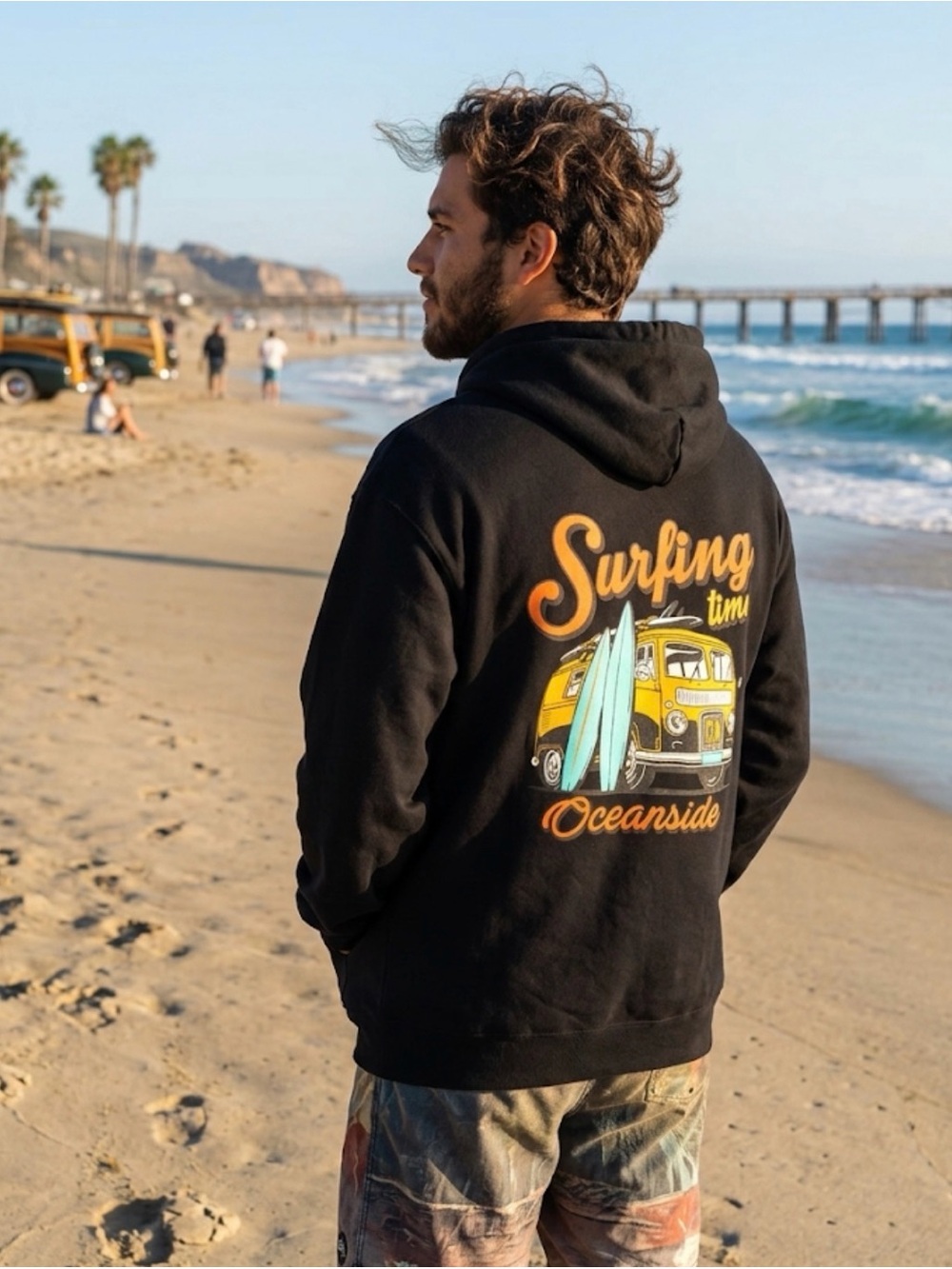 ESY SURF CO. unisex XL  Black Surfing Time VINTAGE Graphic Hoodie - Oceanside